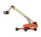 Rear angled view of an orange and beige JLG telescopic boom lift with extended arm and basket.