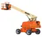 Rear angled view of an orange and beige JLG telescopic boom lift with extended boom and platform.
