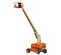 Rear angled view of an orange and beige telescopic boom lift with extended arm and basket.