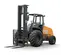 Front angled view of an orange CASE forklift with black tires, a straight lifting mast and an open operator cabin.