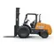 Side view of an orange CASE rough terrain forklift with black tires and straight lifting mast with black forks extended.