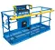 Front angled view of a blue and yellow aerial work platform with guardrails and a control panel.