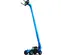 Front view of a blue Genie telehandler with a vertical extended boom, forklift attachment and enclosed cabin.