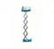 Side view of extended blue Genie scissor lift with a platform with safety rails.