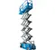 Front angled view of extended blue Genie scissor lift with a platform with safety rails.