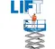 Side view of a partially extended Genie scissor lift with an operator on the platform painting the word "Lift" in blue paint.