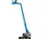 Side view of a blue Genie boom lift with extended arm and platform.