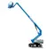 Side view of a blue Genie boom lift with extended arm and platform.