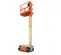 Side angled view of an extended orange and beige vertical mast lift with basket.