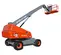 Side angled view of orange and gray Skyjack boom lift with extended arm and basket.
