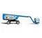 Side view of blue Genie boom lift with extended arm and platform resting on the ground.