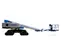 Side view of blue Genie boom lift with extended arm and platform lowered near the ground.