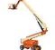 Side angled view of an orange and beige JLG boom lift, extended vertically with basket.
