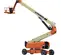 Side angled view of an orange and beige JLG boom lift, extended vertically with basket.