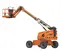 Side angled view of an orange and beige JLG boom lift with extended boom and basket.