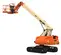 Side angled view of an orange and beige JLG Lift boom lift with extended arm and basket.