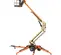 Side view of an orange and beige boom lift with extendable boom and stabilizers.
