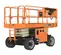 Side angled view of an orange electric-powered rough terrain JLG scissor lift.