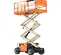 Side angled view of an elevated orange electric-powered rough terrain JLG scissor lift.