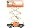 Side view of an elevated orange electric-powered JLG scissor lift.