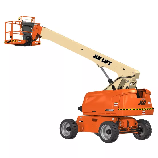 Rear angled view of an orange and beige JLG telescopic boom lift with extended boom and platform.