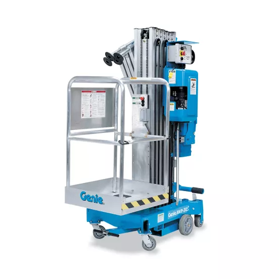 Side view of a retracted blue and gray Genie pusharound lift with a platform.