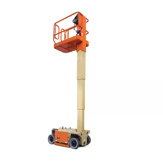 Side angled view of an extended orange and beige vertical mast lift with basket.