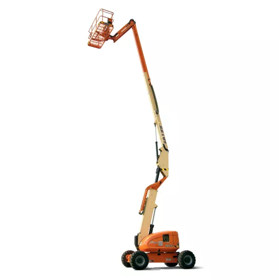 Side view of an extended orange and beige articulating boom lift.