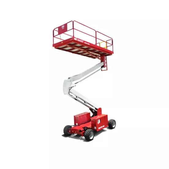 Side view of a partially extended red and silver scissor lift with safety rails.