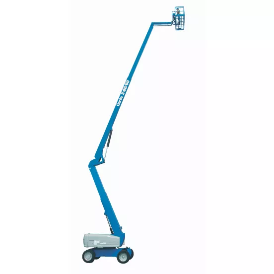 Wide side view of a fully extended blue boom lift with basket.
