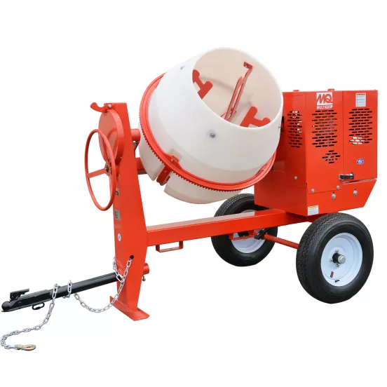 Mezcladora de concreto, 9 ft³, remolcable, a gasolina o eléctrica MULTIQUIP roja y blanca