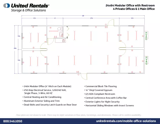 Plano de planta GENÉRICO para oficinas móviles de 64 ft por 24 ft Edificio de oficinas modular, 4 oficinas, 1 baño
