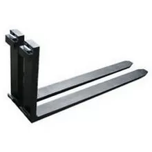 Rear view of a black forklift fork attachment with two metal forks extended.