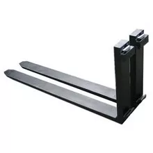 Rear view of a black forklift fork attachment with two metal forks extended.